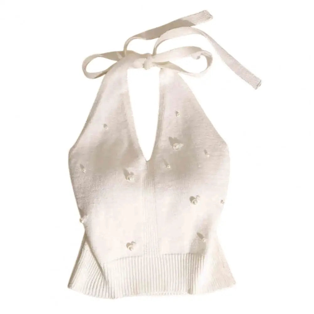 Pearl Beaded Halter Crop Top | Spaghetti Strap Cami for Women