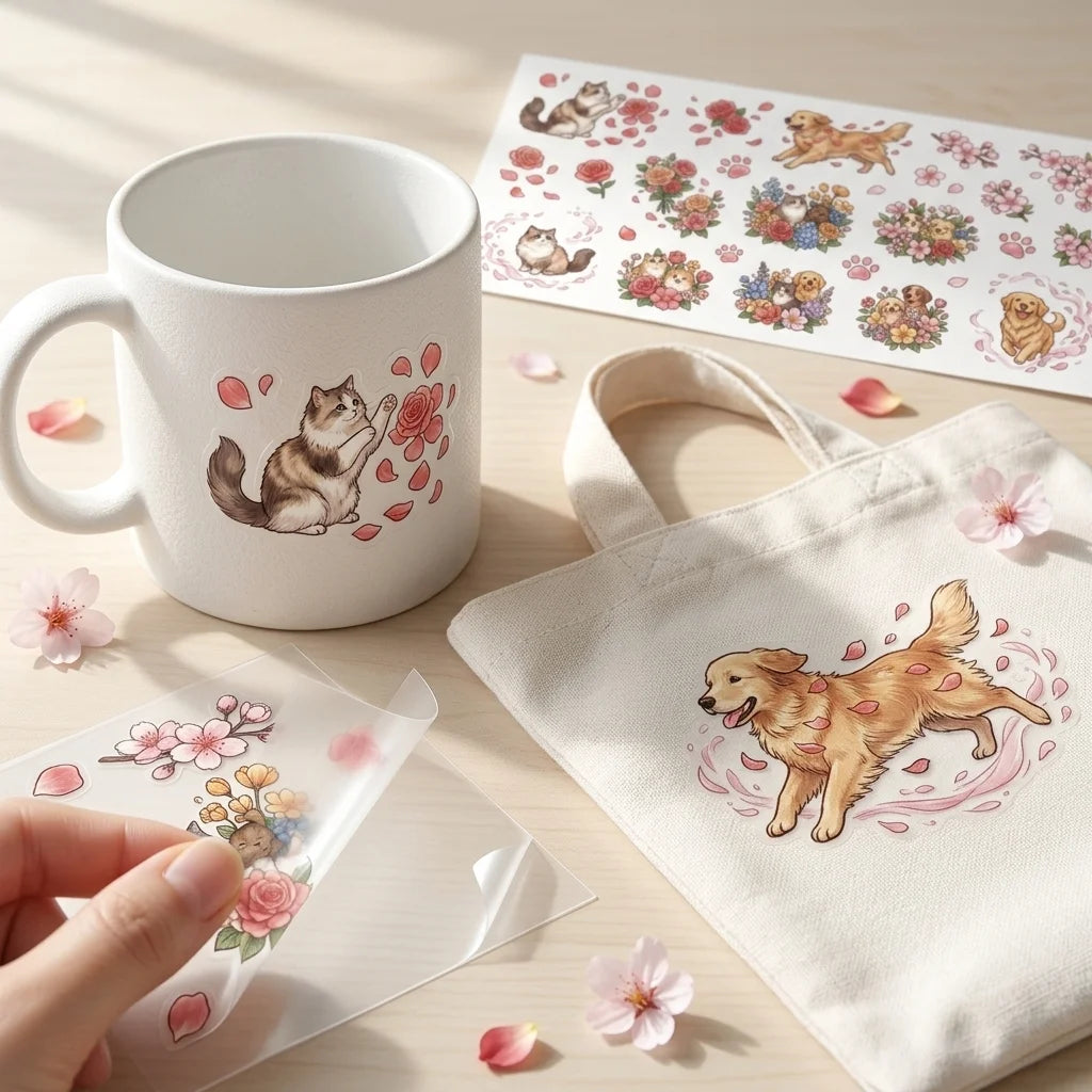 Cute Cat & Dog Floral UV Transfer Rub-On Stickers | DIY Decals