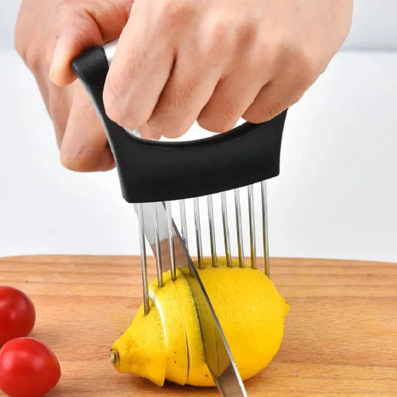 Stainless Steel Onion Cutter Holder Food Slicers Assistant Tomato Onion Slicer Holder Vegetables Cutting Fork Kitchen Gadgets Peaceful Pleasures Health and Wellness
