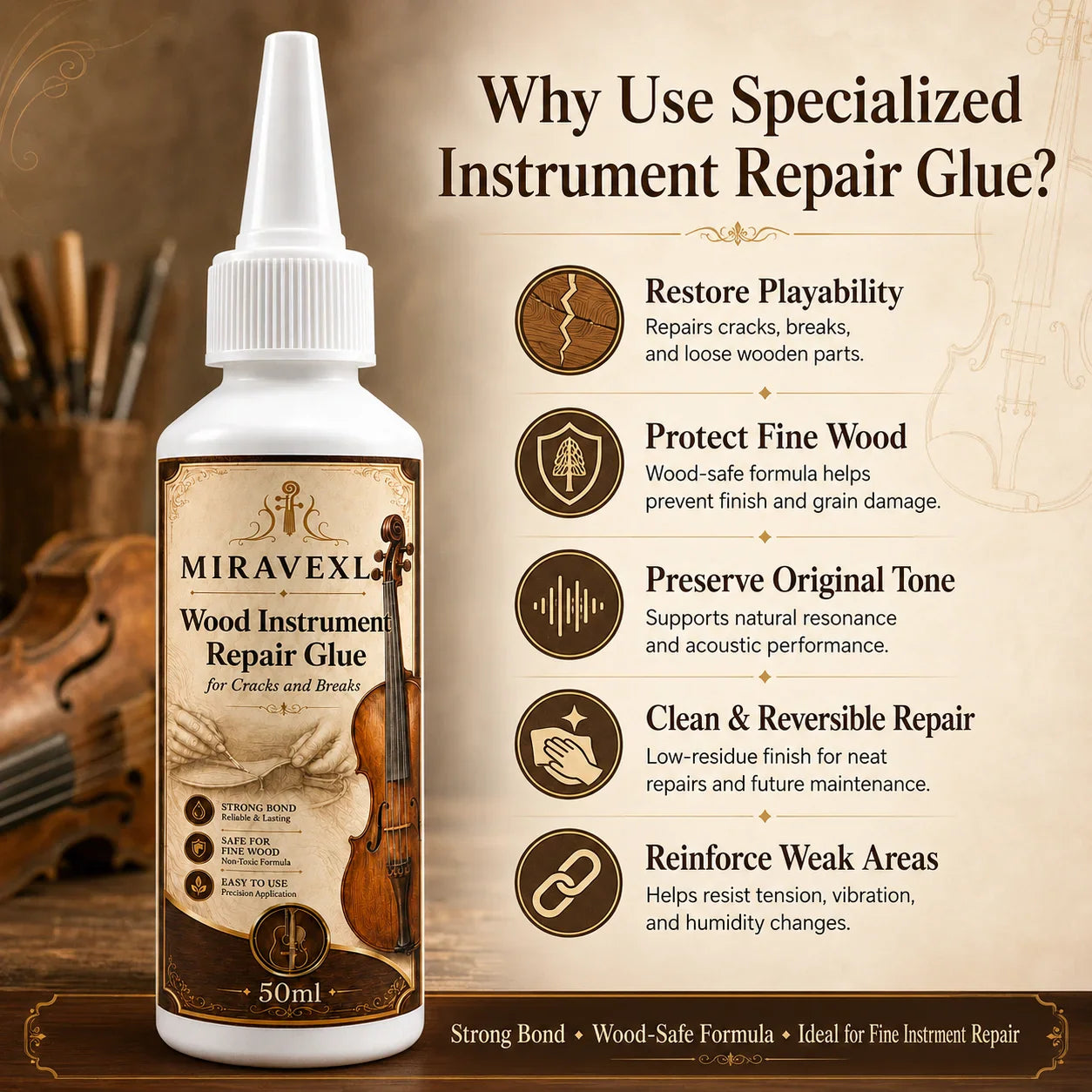 MIRAVEXL Wood Instrument Repair Glue 50ml Kit | Guitar Violin