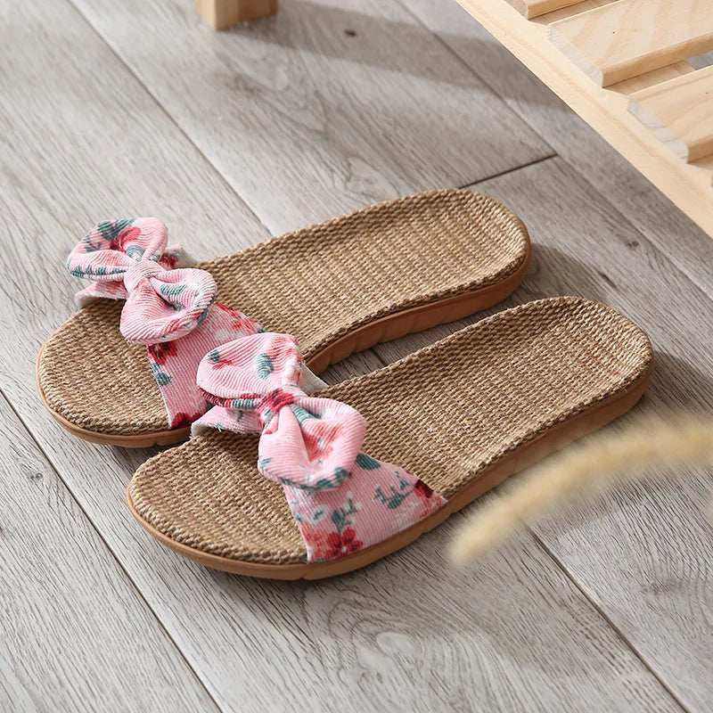 Women's Boho Linen Flip Flops – Bowknot Beach Slippers