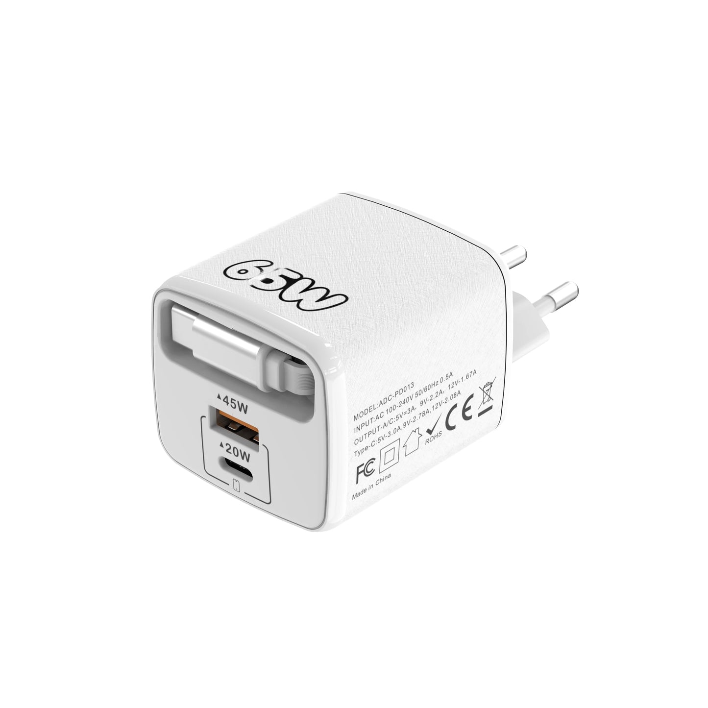 65W 3-in-1 USB-C Fast Wall Charger PD Quick Charge
