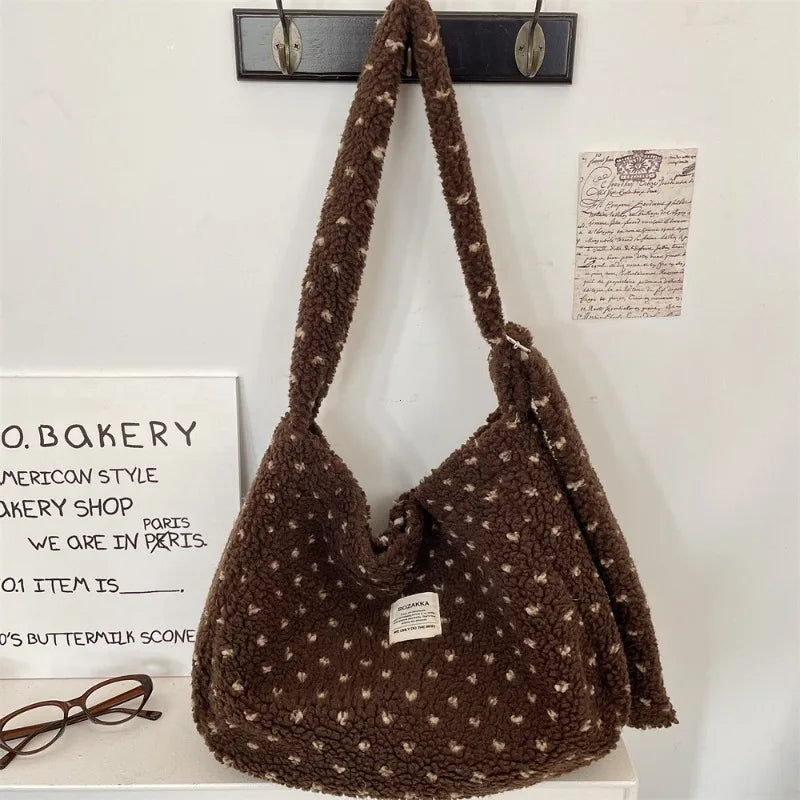 Autumn Winter Plush Heart Crossbody Bag Large Capacity Canvas Shoulder Bag Shopping Tote for Daily Use Versatile Commuting Bag Peaceful Pleasures Health and Wellness