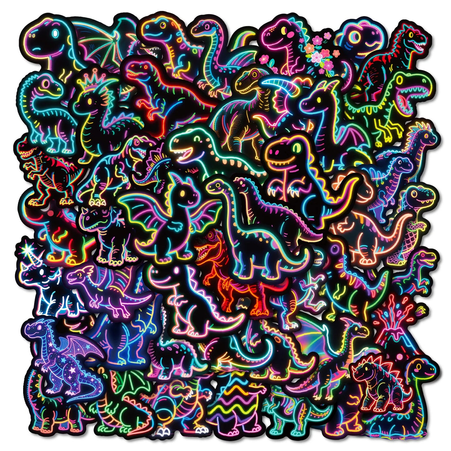 Neon Dinosaur Black Border Glow-in-the-dark Graffiti Stickers