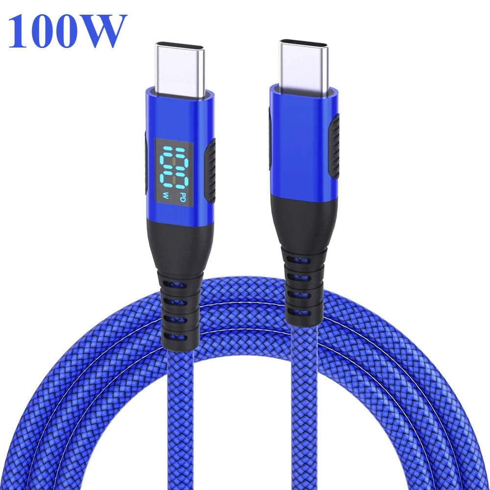 100W USB-C Fast Charging Cable with LED Display | 1M 2M 3M Peaceful Pleasures Health and Wellness Blue 100W 2m
