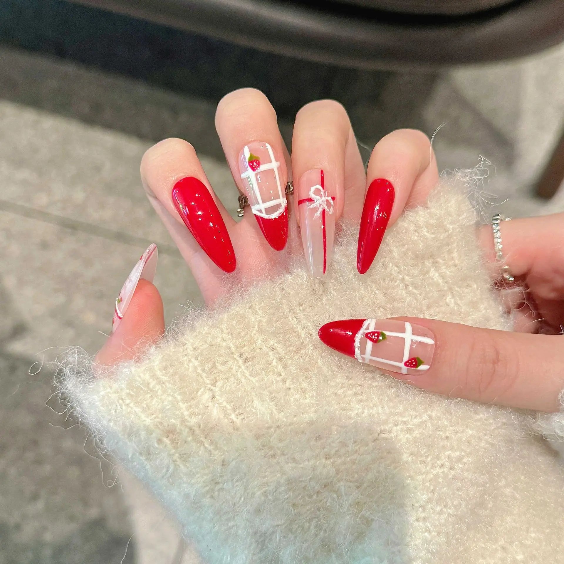 Handmade Long Oval Press on Nails Cherry Strawberry Cute Bow Fake Nails Full Cover Wearable Red Christmas False Nail Patches Peaceful Pleasures Health and Wellness