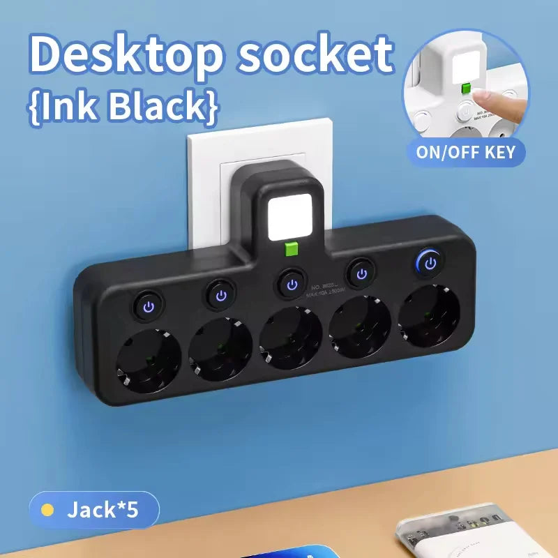 EU Plug Multi Socket Power Strip with USB-C USB Ports Night Light Individual Switches 2500W Wall Charger Adapter for Home Office Peaceful Pleasures Health and Wellness Black 5 holes EU Plug