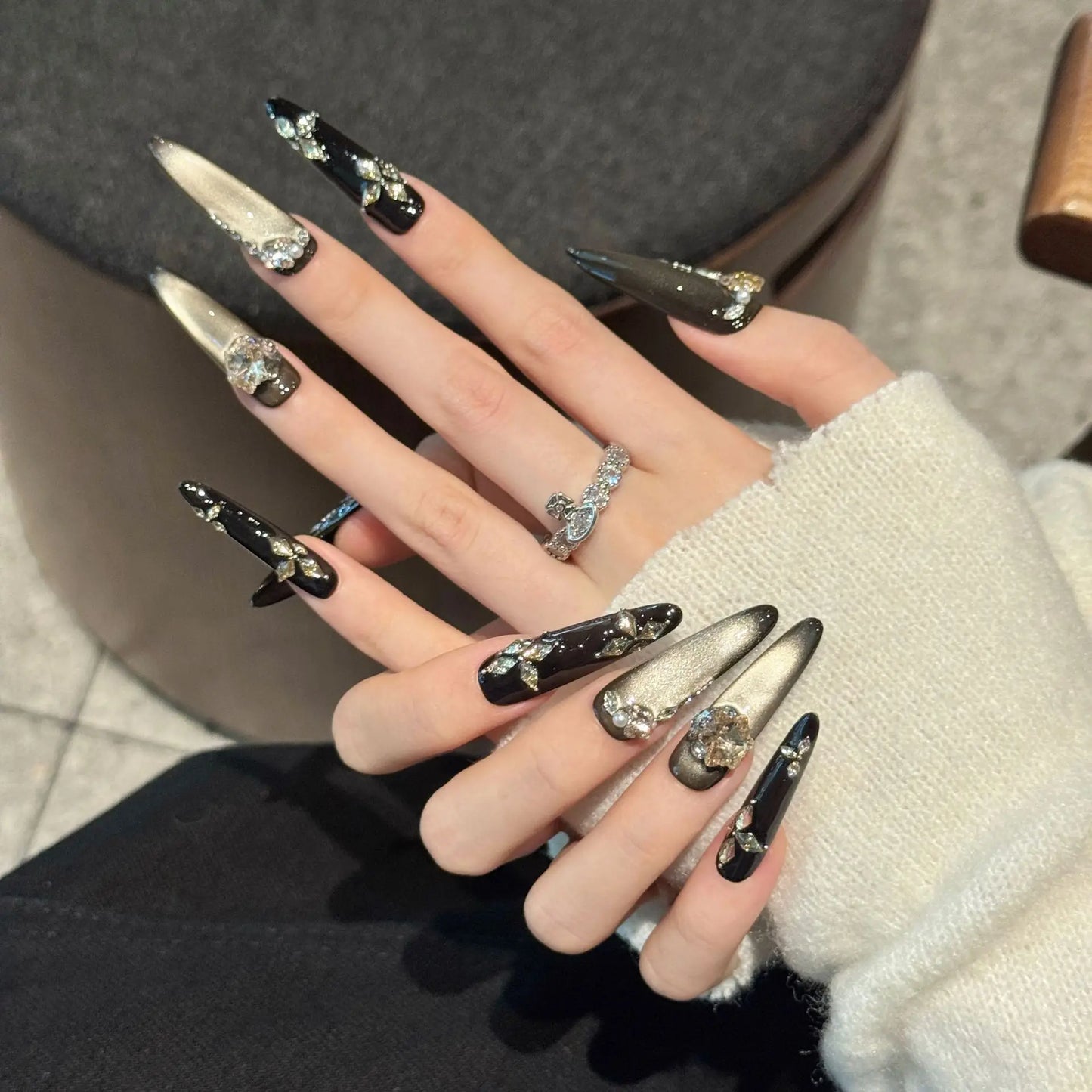 10pcs Handmade Press On Nails Retro Maillard Fake Nails Wearable Light Luxury Diamond Decor Flash Gold Cat's Eye False Nails Tip Peaceful Pleasures Health and Wellness