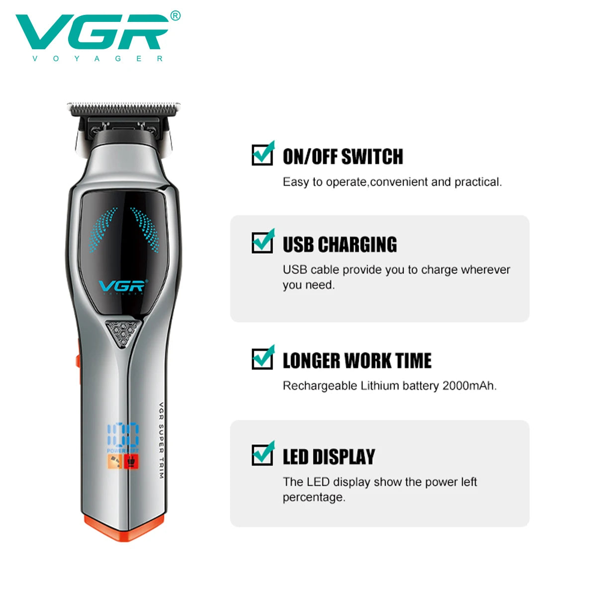 Vgr 187 USB Charging Hair Clipper Professional Cordless Electric Men's Shaving Gradient Intelligent Digital Push Clipper Peaceful Pleasures Health and Wellness