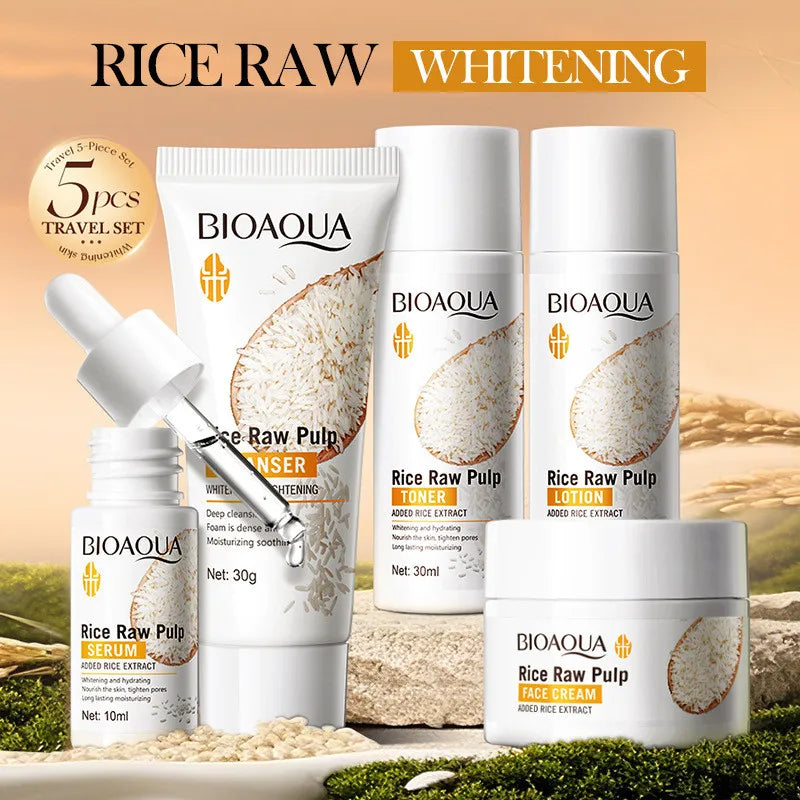 BIOAOUA 5pcs Rice Raw Whitening Travel Set For Cleansing and Moisturizing Whiten Peaceful Pleasures Health and Wellness