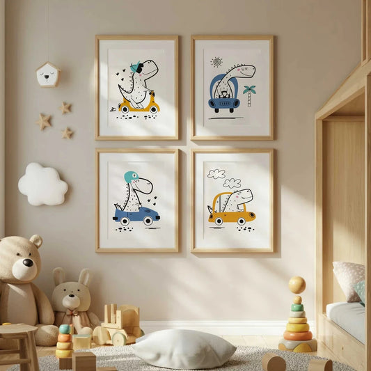 4-Piece Cartoon Dinosaur Canvas Wall Art | Kids Room Decor Canvas Wall Art Set Peaceful Pleasures Health and Wellness G4424-4pcs 60x80cm Unframed
