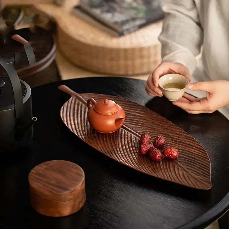 Walnut Leaf Solid Wood Tea Tray – Natural Serving Plate for Tea, Pastry & Tableware