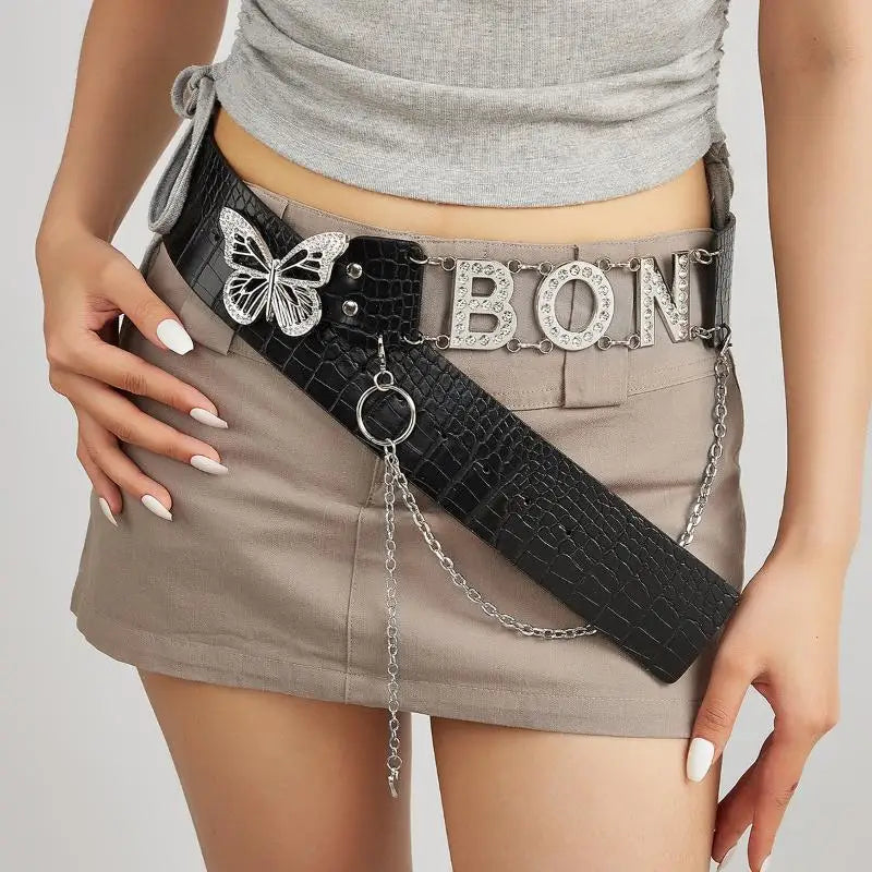 Rhinestone Y2K Letter Belt – PU Butterfly Chain Women's Belt