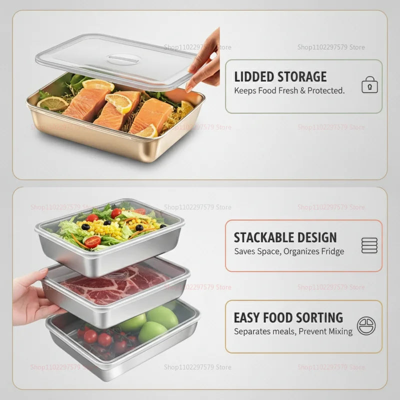 Stainless Steel Food Storage Serving Trays Rectangle Sausage Noodles Fruit Dish with Cover Home Kitchen Organizers Food Containe Peaceful Pleasures Health and Wellness