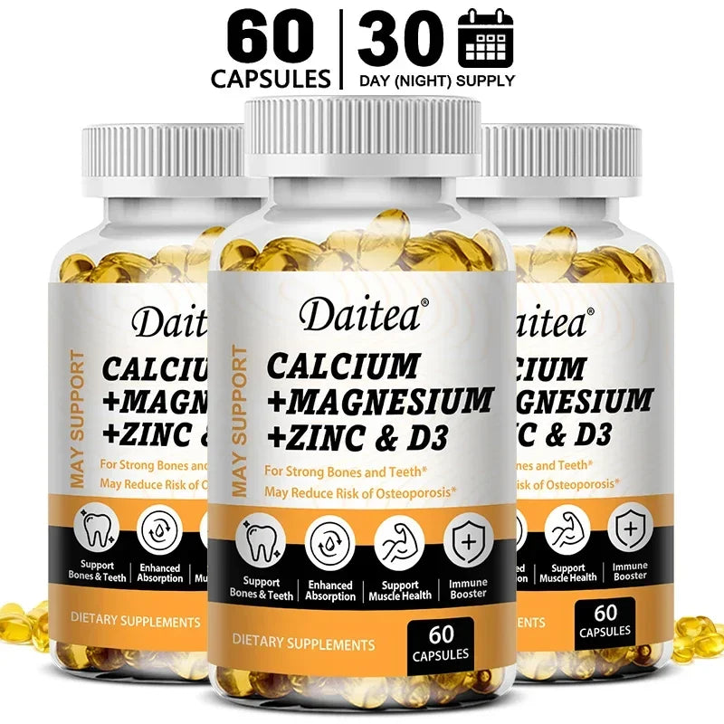 Daitea Calcium Magnesium Zinc Capsules Vitamin D3 helps support bones, teeth, heart, and enhance immune system function. Peaceful Pleasures Health and Wellness 60 count-3bottle