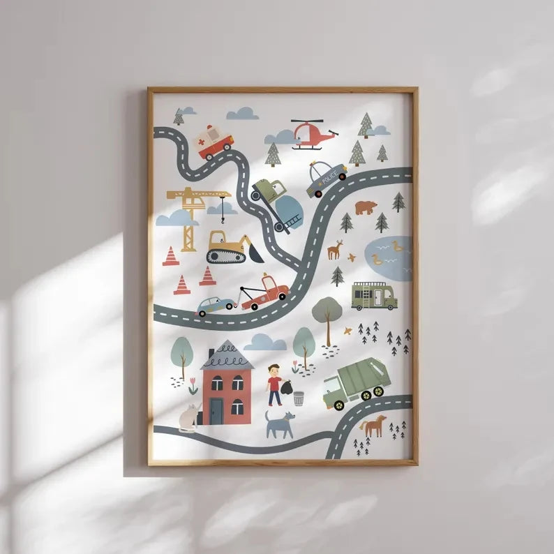3-Piece Cartoon Transport & Animals Canvas Wall Art | Kids Decor