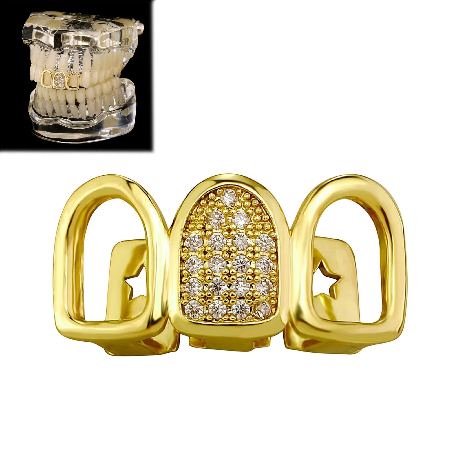 Rhinestone Teeth Cover Gold Plated Hollow Out Three Row Grillz With Zirconia Teeth Cover For Halloween Party Stage Performance Peaceful Pleasures Health and Wellness