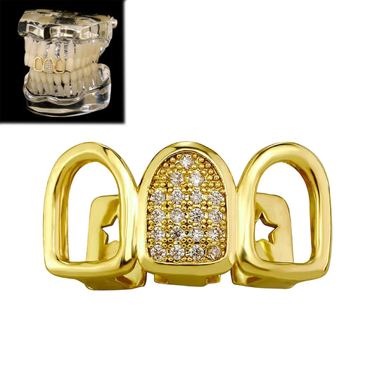 Rhinestone Teeth Cover Gold Plated Hollow Out Three Row Grillz With Zirconia Teeth Cover For Halloween Party Stage Performance Peaceful Pleasures Health and Wellness