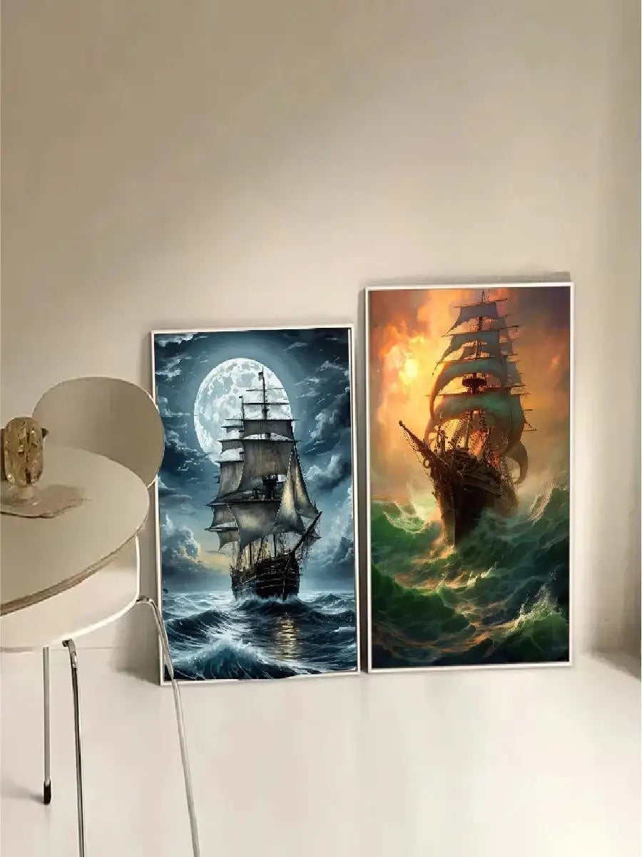 Pirate Ship Sailboat Sailing Ocean Moon Canvas Painting Poster Wall Picture Print for Living Room Home Decor Peaceful Pleasures Health and Wellness
