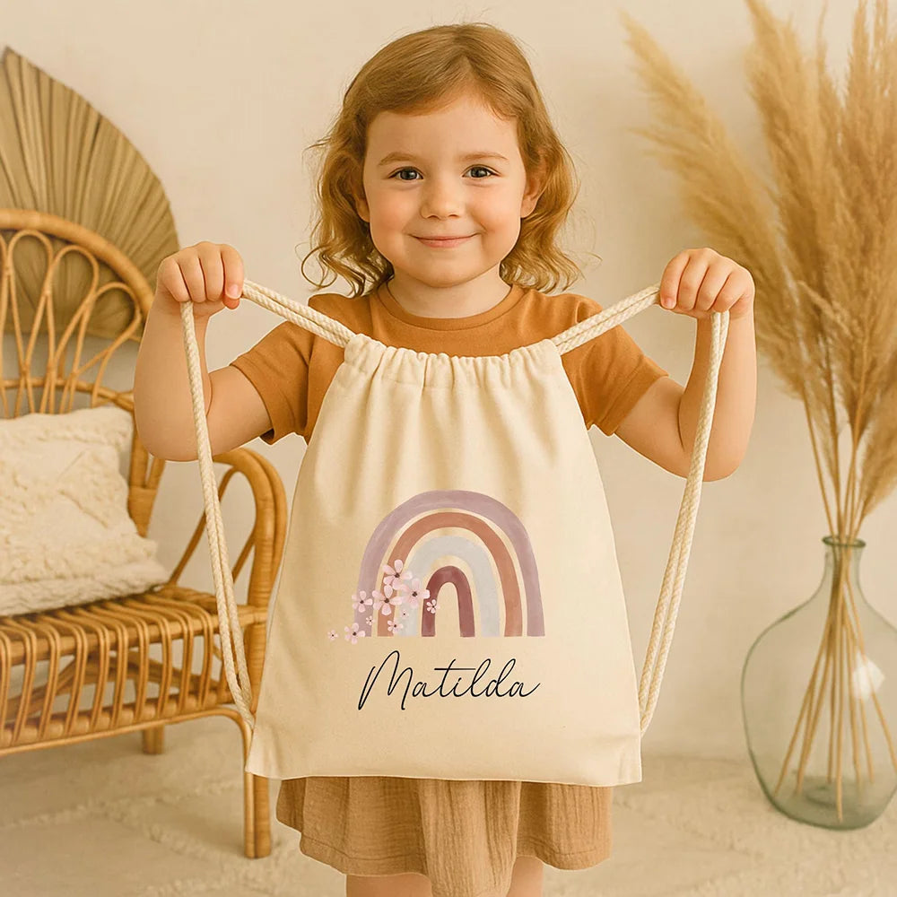 Personalized Kids Rainbow Drawstring Gym Bag | Custom Name Gift Kids Drawstring Backpack Peaceful Pleasures Health and Wellness
