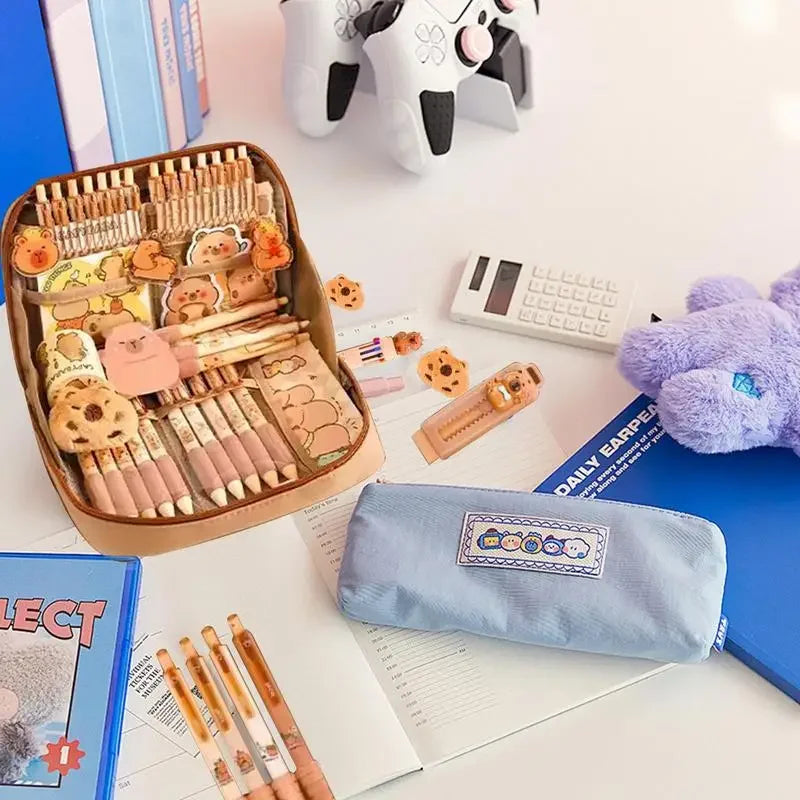 Capybara Stationery Set Cute Pencil Case With Pens Clips Rulers Sticky Note 10-Color Ballpoint Pen Pencil Organizer For Students Peaceful Pleasures Health and Wellness