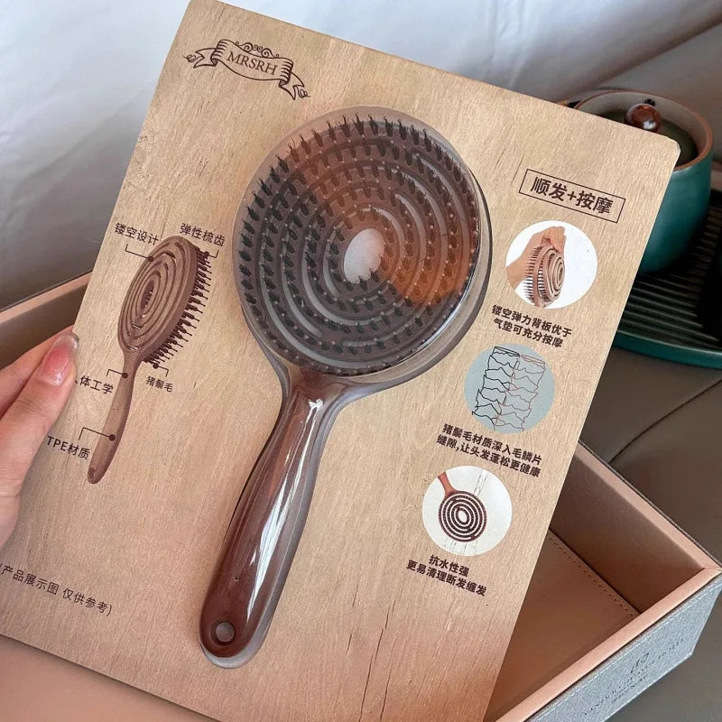 1Pc Boar Bristle Round Detangling Hair Brush for Volume Scalp Care Massage Women Wet Curly Comb Salon Hairdressing Styling Tools Peaceful Pleasures Health and Wellness Massage comb
