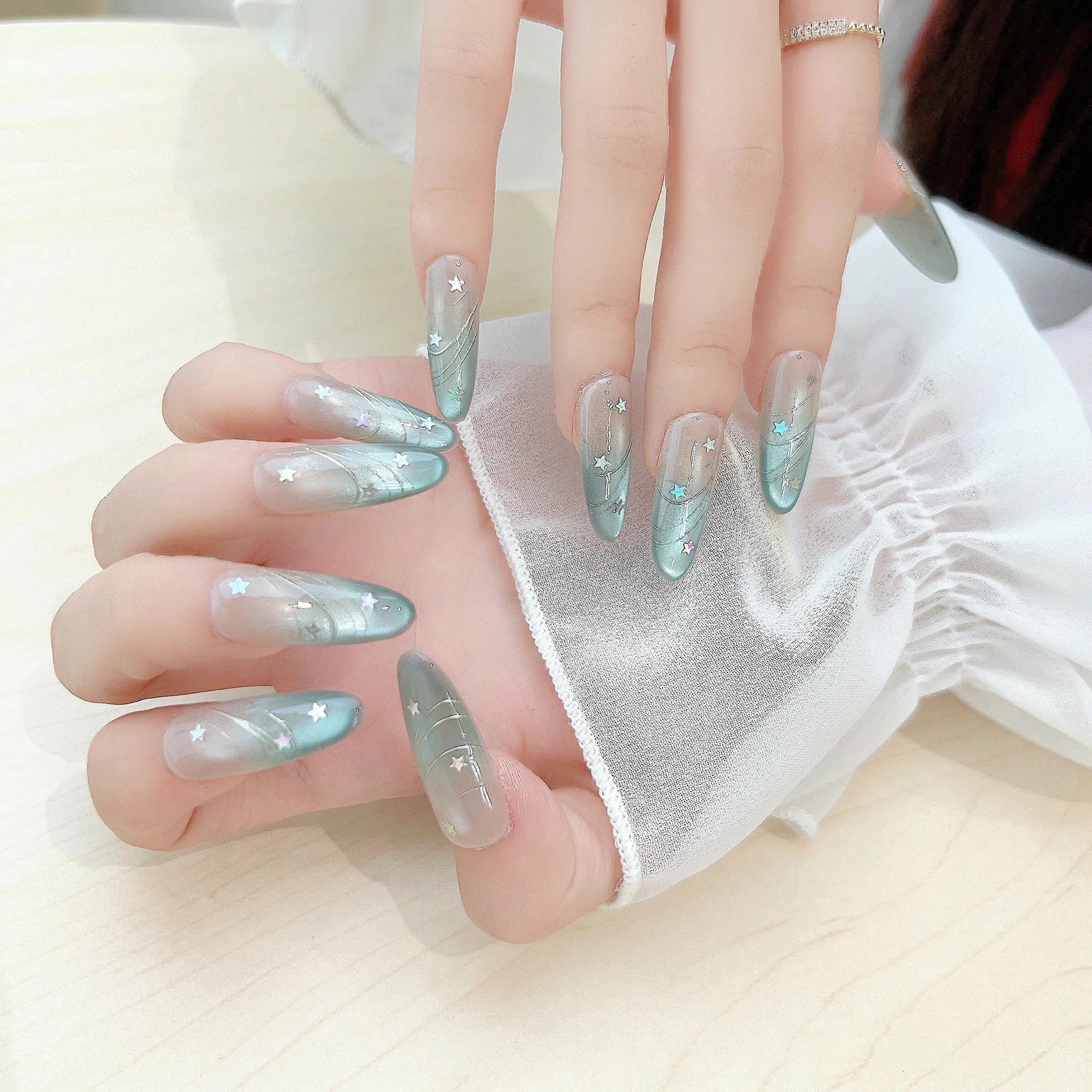 10pcs Handmade Almond Tip Press on Nails Temperament Laser Star Design Fake Nails Detachable Blue Gradient Cat's Eye False Nails Peaceful Pleasures Health and Wellness