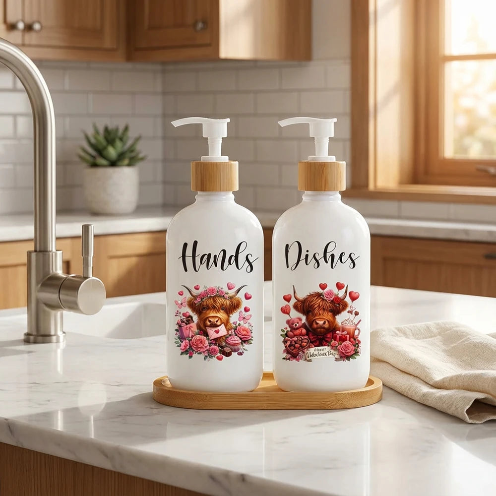 2Pcs Valentine's Day Soap Dispenser with Tray Highland Cow Dishes and Hands Dispenser with Pump 16 Oz Refillable Liquid Soap Peaceful Pleasures Health and Wellness