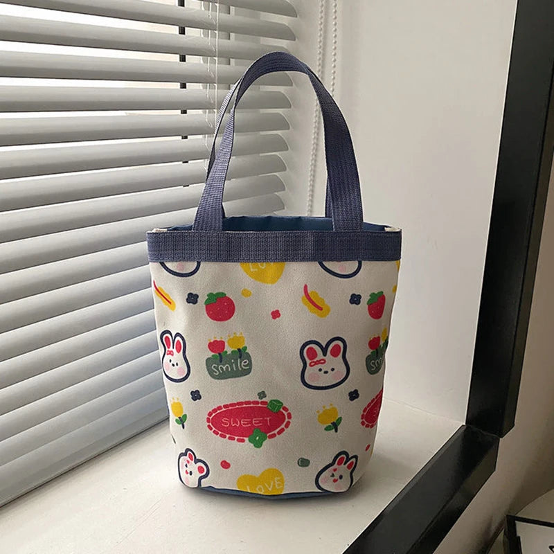 Cute Animal Doodle Canvas Bucket Bag | Cylindrical Lunch Tote