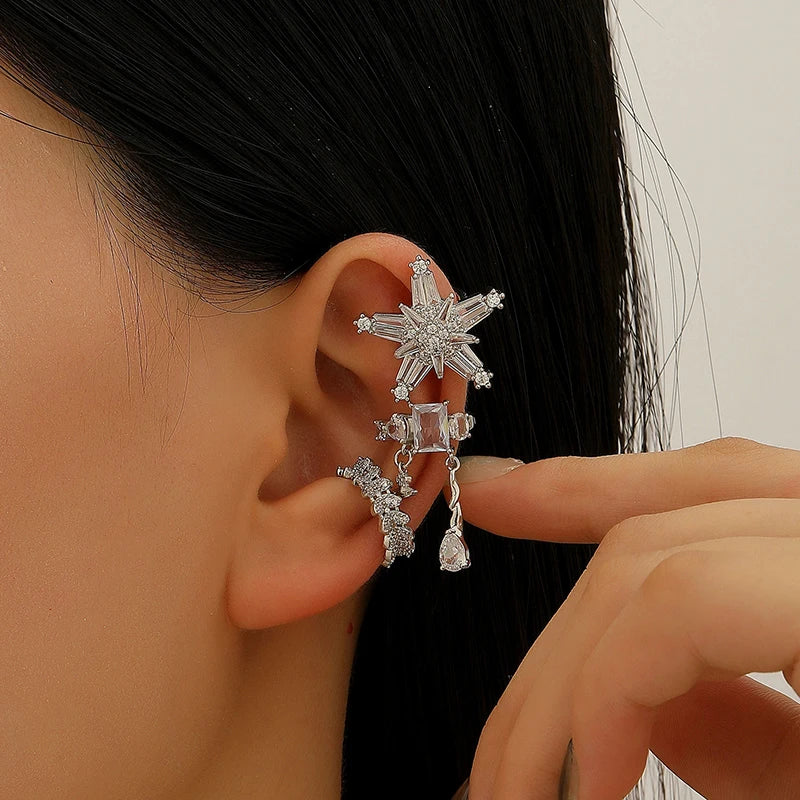 New Zircon Ear Clips Without Ear Holes Niche Light Luxury High End Feeling C Shaped Ear Bone Clip Snowflake Water Droplet Tassel Peaceful Pleasures Health and Wellness 02