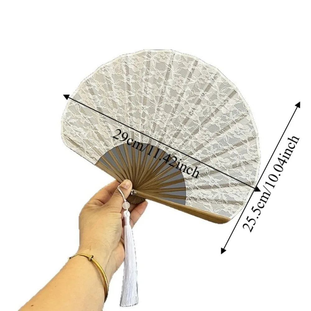 Vintage Folding Hand Fan – White Lace, Tassels & Bamboo