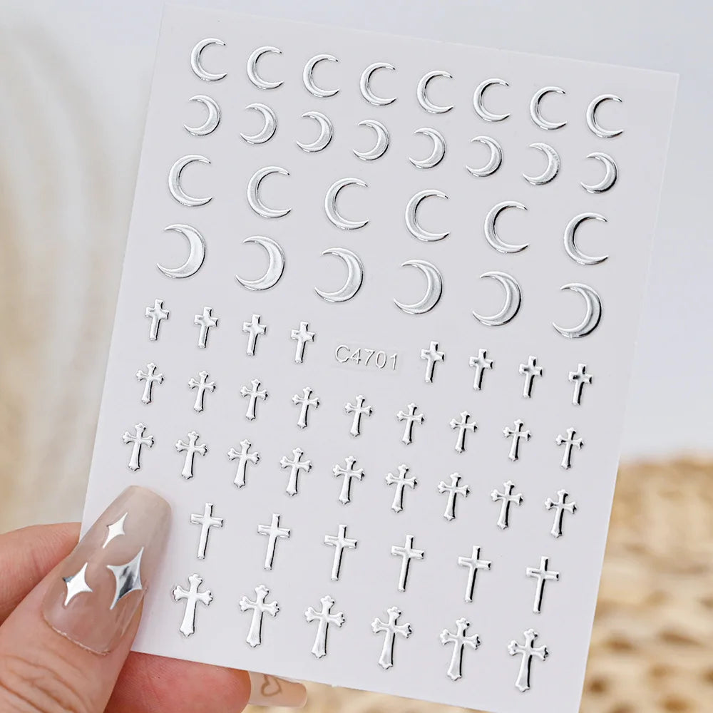 3D Silver Nail Art Stickers – Stars, Hearts & Chain Decals