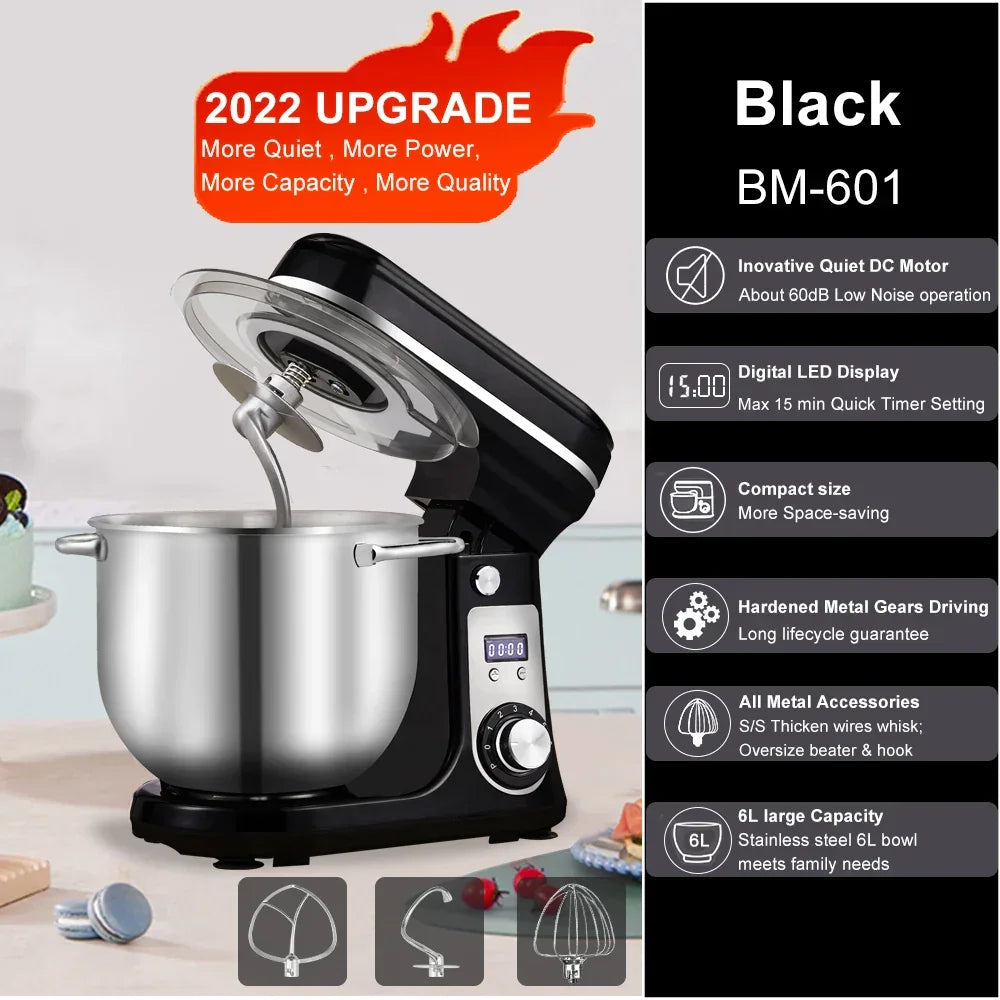 BioloMix 1200W 6L Stand Mixer – 6-Speed, Quiet DC Motor, Tilt-Head Stand Mixer BioloMix 6L Black BM-601 EU United States