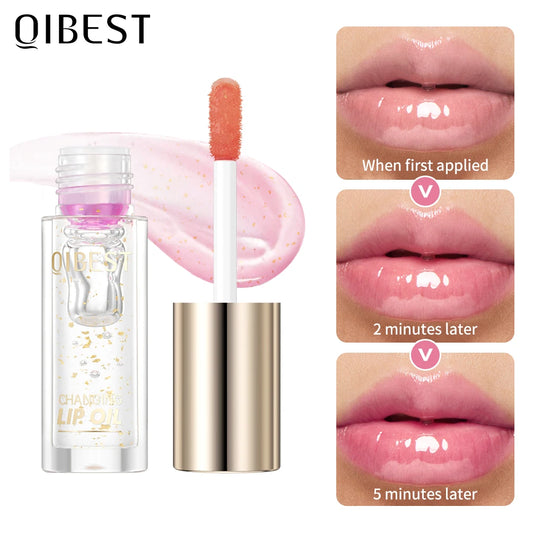 QIBEST Glitter Plumping Lipgloss Jelly Moisturizer Fruit Color Changing Lip Oil Transparent Fullness Lip Tint Gel Makeup LipCare Peaceful Pleasures Health and Wellness