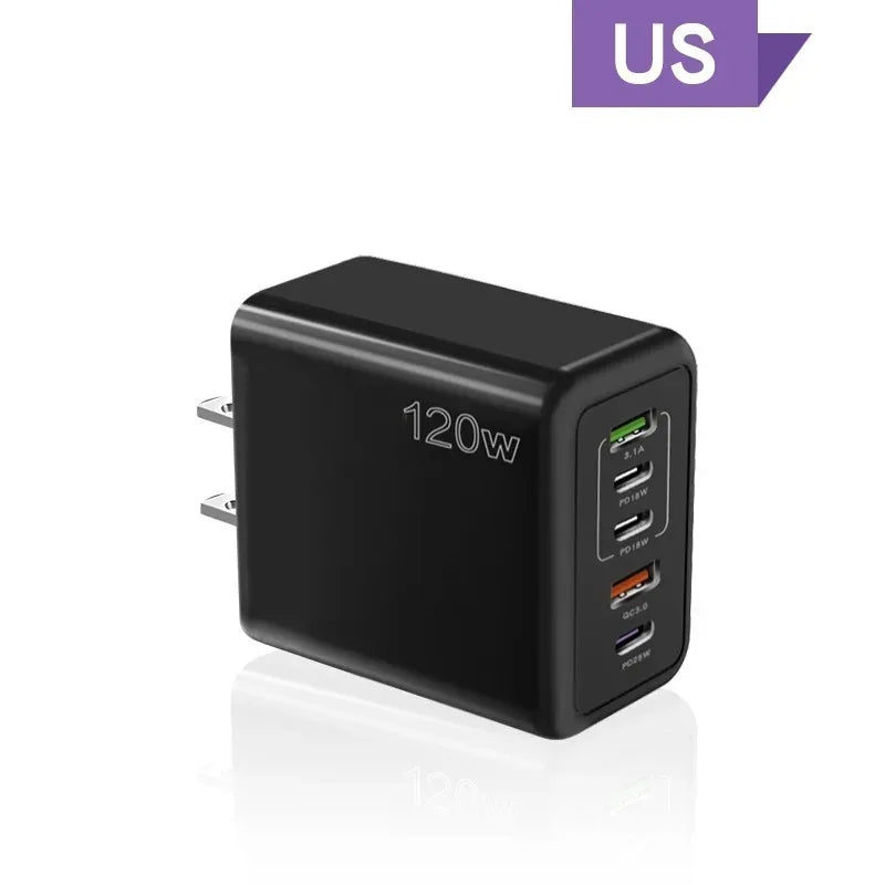 120W 5-Port USB-C PD Fast Wall Charger | Quick Charge 3.0