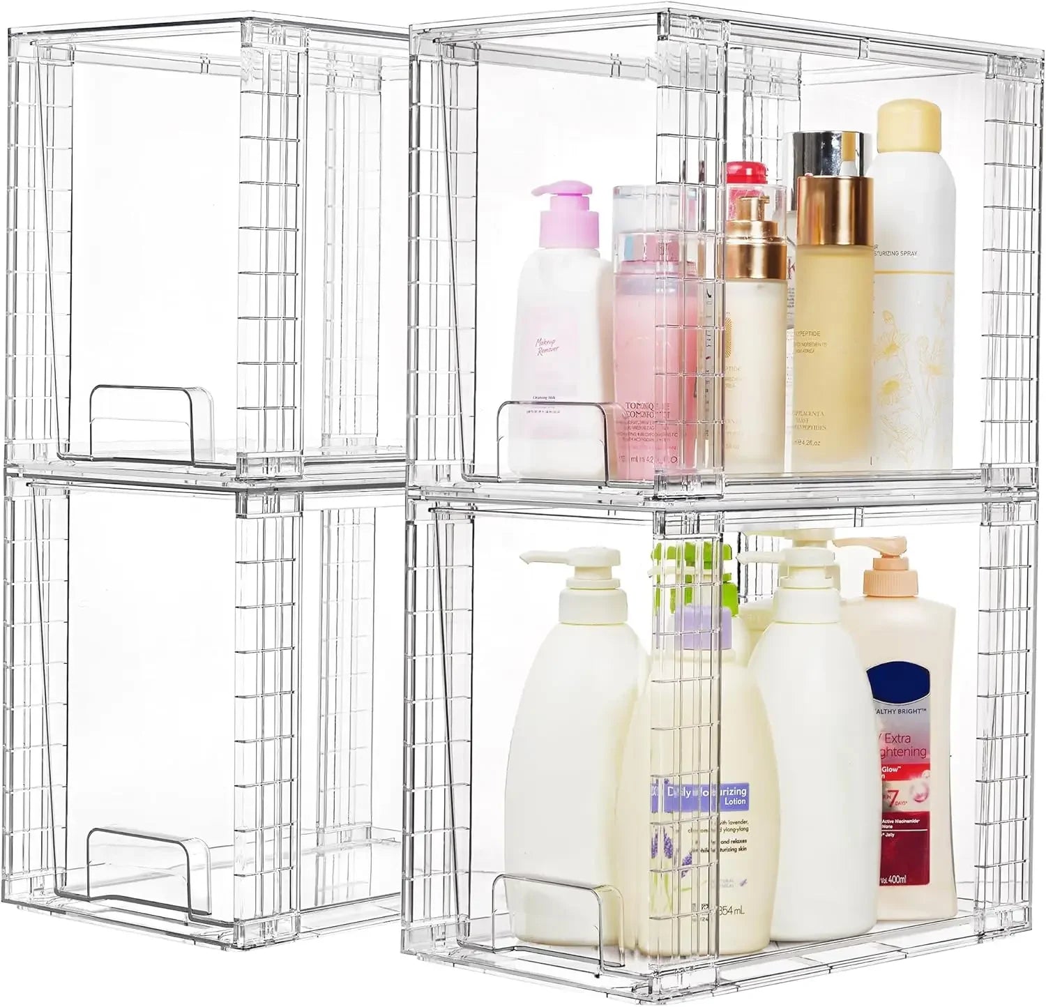 4 Pack Clear Stackable Storage Drawers, 9.7" High Plastic Organizers for Skincare, Bathroom, Kitchen Organization Peaceful Pleasures Health and Wellness
