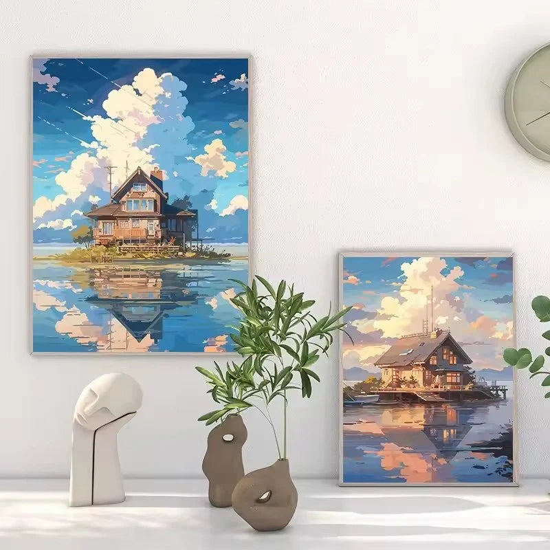 Aestheticism Anime Scenes Posters Sakura Tram Train Ocean View Landscape Prints Canvas Painting Wall Art Picture for Home Decor Peaceful Pleasures Health and Wellness