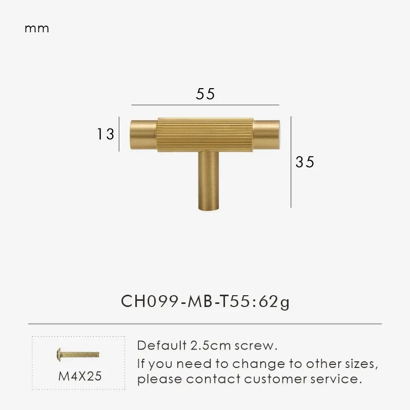 Solid Brass Linear T-Bar Cabinet Handle & Drawer Pull | Multi-Size