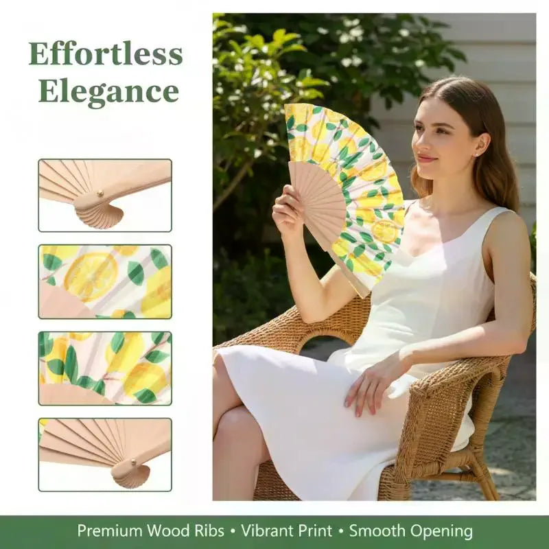 Lemon Print Folding Hand Fan – Summer, Wedding & Party Decor