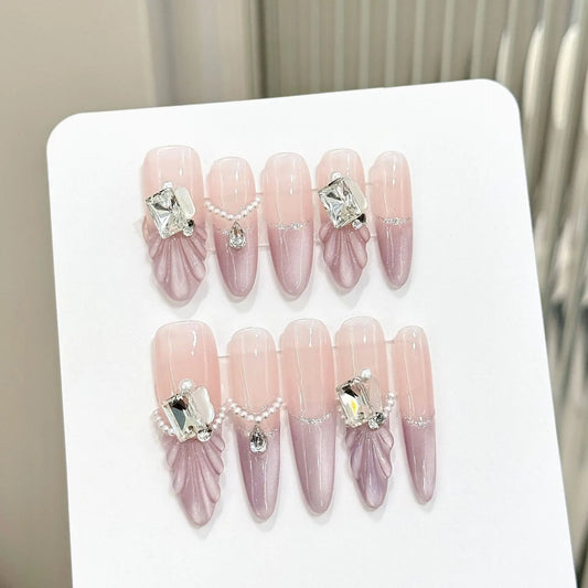 Handmade Press On Nails 3D Shell Crystal Purple Cat Eye – 10pcs Press On Nails Peaceful Pleasures Health and Wellness