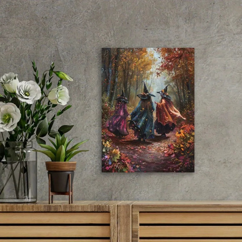 Three Witches Autumn Forest Halloween Canvas Wall Art – Unframed Canvas Wall Art Peaceful Pleasures Health and Wellness