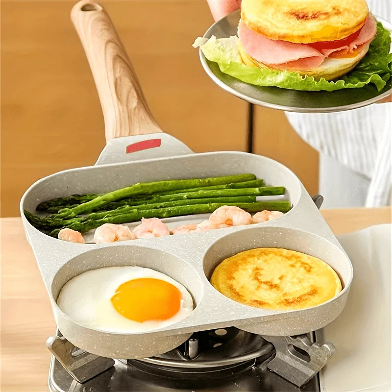 Maifanshi Non-Stick Aluminum Frying Pan - 4-Compartment, Multi-Use for Breakfast, Easy Clean, Ergonomic Wooden Handle, 1pc Peaceful Pleasures Health and Wellness