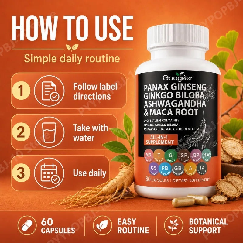 Botanical All-in-1 Blend | Ginseng Ginkgo Ashwagandha Maca 60 Caps
