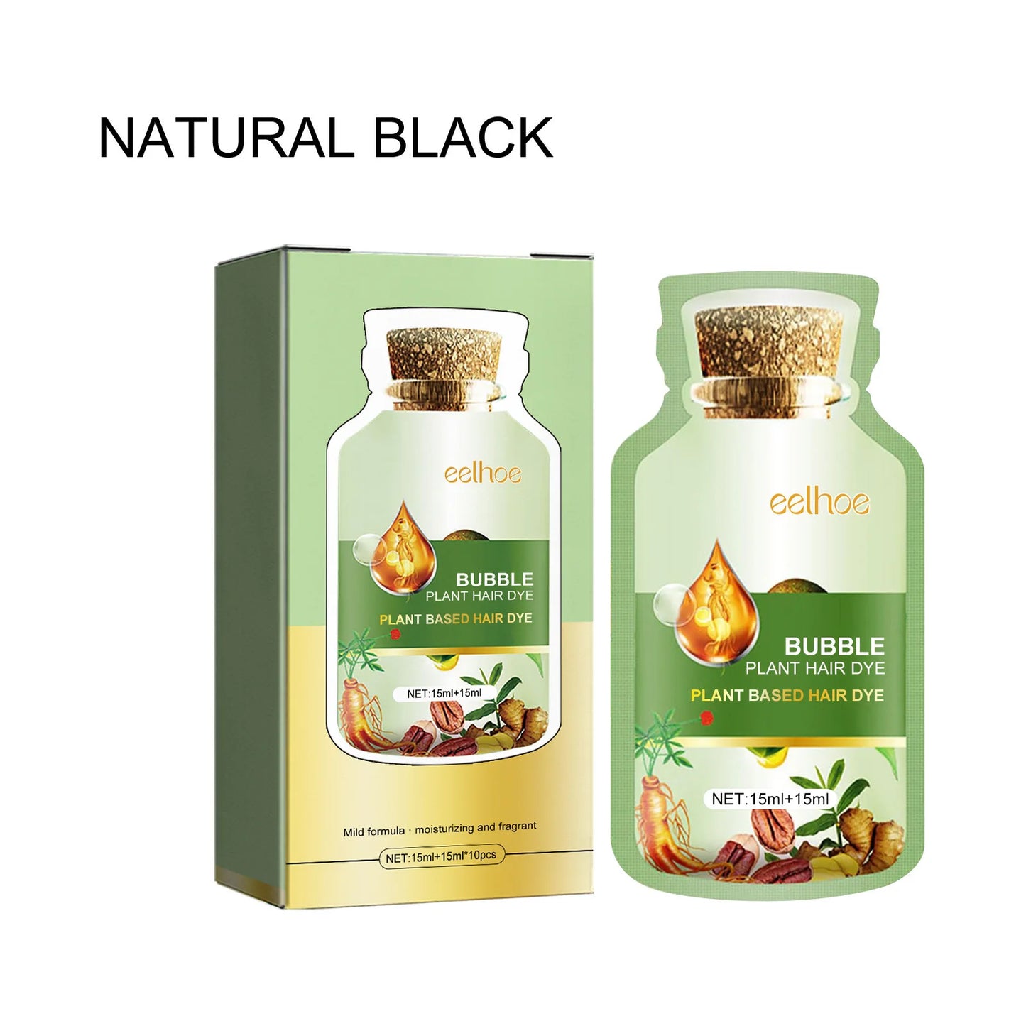 EELHOE Natural Plant Hair Dye Shampoo Foam, 10 Pcs/Box Hair Dye Peaceful Pleasures Health and Wellness Natural Black