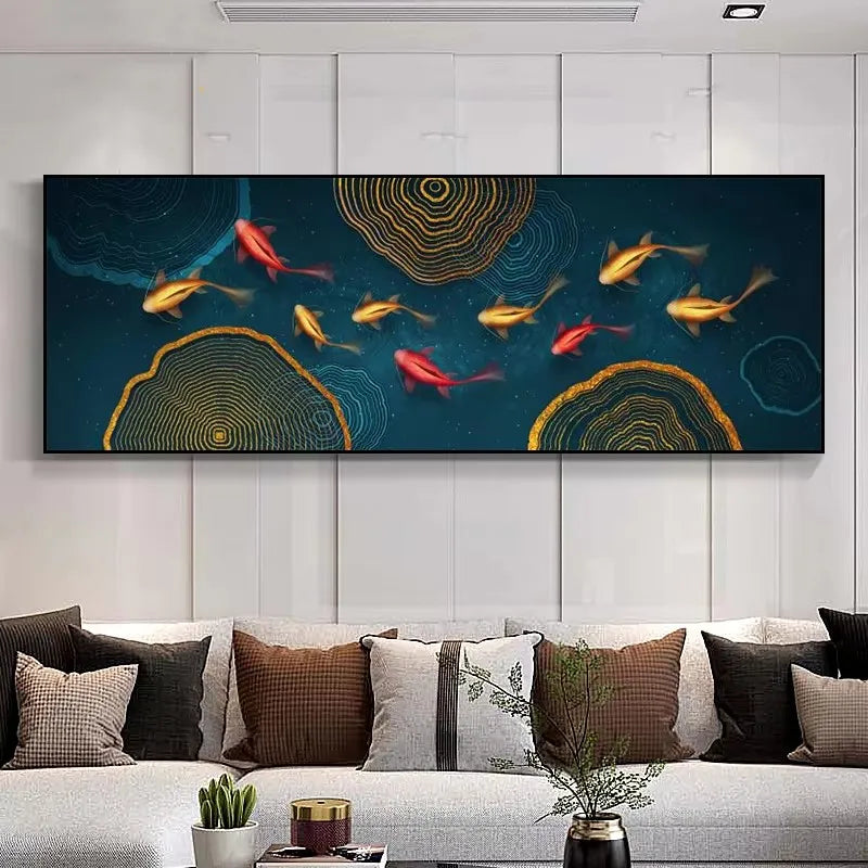 Large Wall Decorative Painting on Canvas Chinese Style Koi Poster Nine Fish Illustration Feng Shui Carp Lotus Pond Home Decor Peaceful Pleasures Health and Wellness ZLH3499 80x240cm Unframed