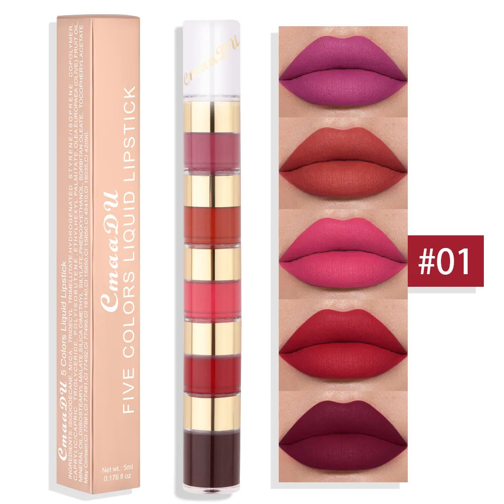 CmaaDu 5-in-1 Matte Lip Gloss Set – 5 Colors, Waterproof Vegan