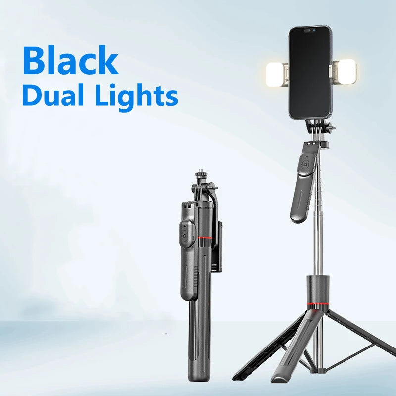 Selfie Stick 1.7 Meter Ultra Long Stretch Portable debounce Phone Holder Bluetooth Remote With Fill light Tripod Stand For Live Peaceful Pleasures Health and Wellness Black Dual Lights