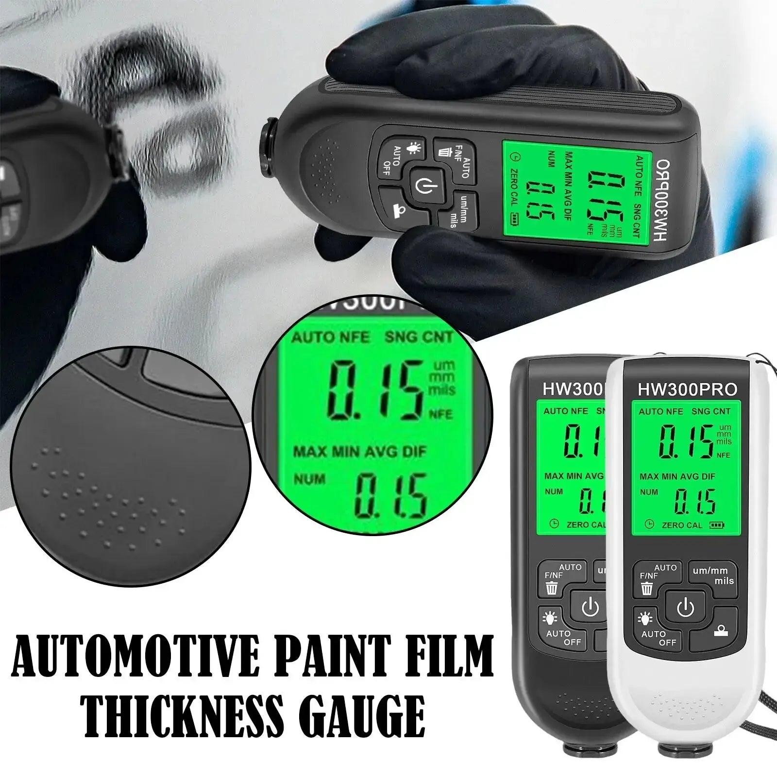 HW-300PRO Car Paint Film Automatic Thickness Gauge 0-2000UM Fe & NFe Coating Thickness Tester Manual Automotive Paint Tools Peaceful Pleasures Health and Wellness