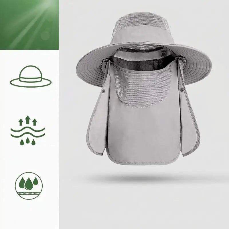 Full Coverage Sun Protection Bucket Hats Detachable Face & Neck Flap Outdoor Fishing Hats Breathable Mesh Wide Brim Headwear Peaceful Pleasures Health and Wellness light gray