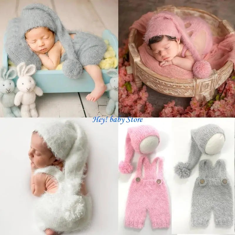 Newborn Photo Props Knit Turban Hat & Suspender Romper Set